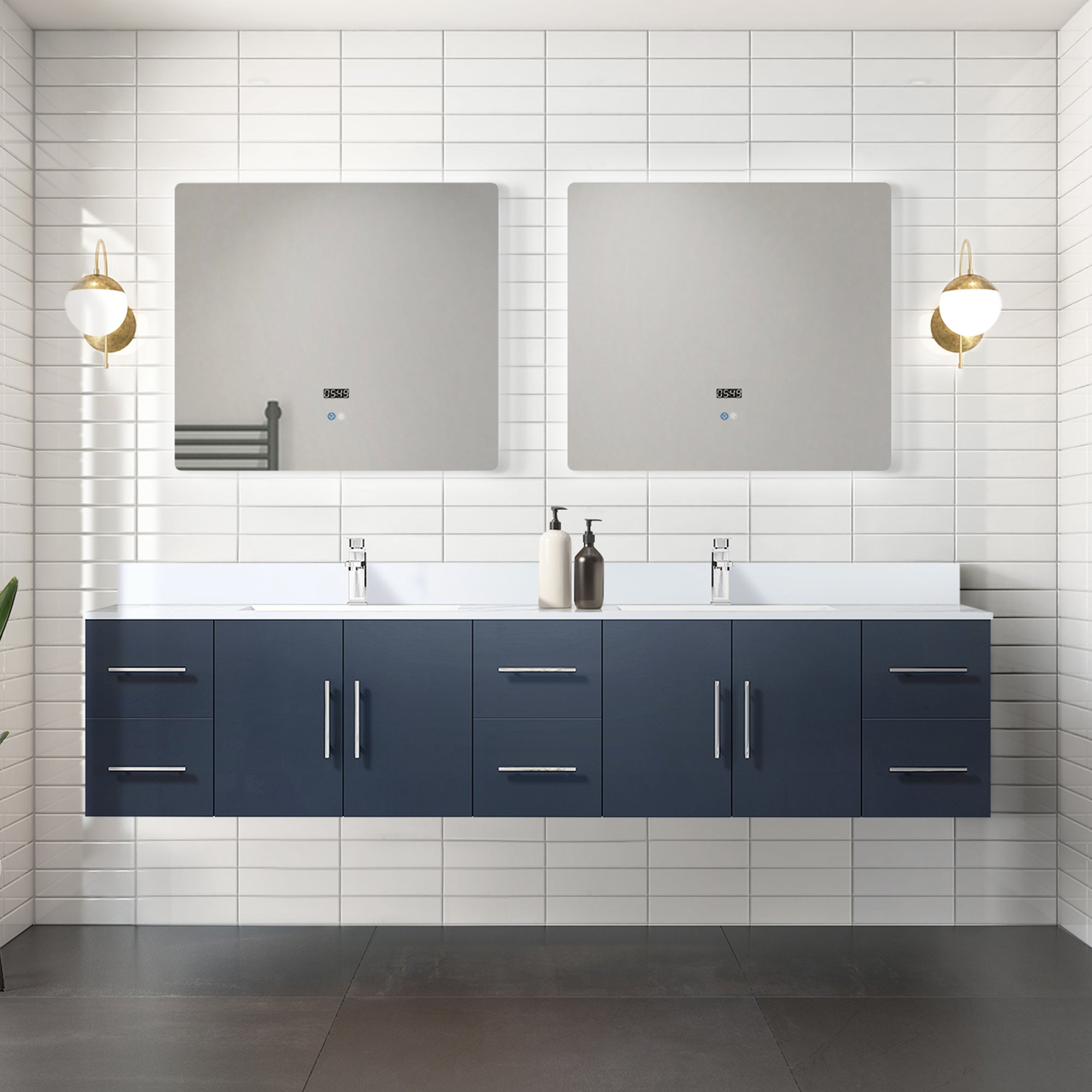 Navy Blue Double Bath Vanity 84 in. W x 22 in. D, with White Quartz Top