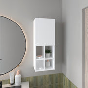 Wall-Mounted Bathroom Cabinet with Door and 4 Open Shelves, White Finish.