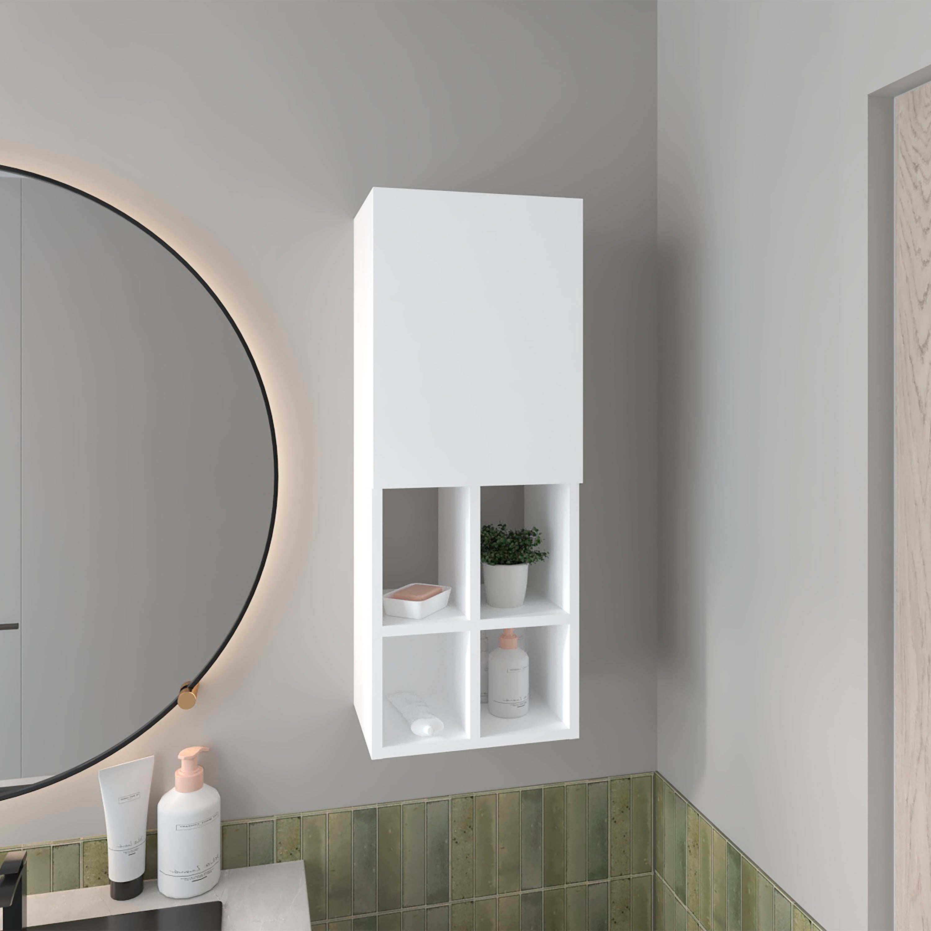 Wall-Mounted Bathroom Cabinet with Door and 4 Open Shelves, White Finish.