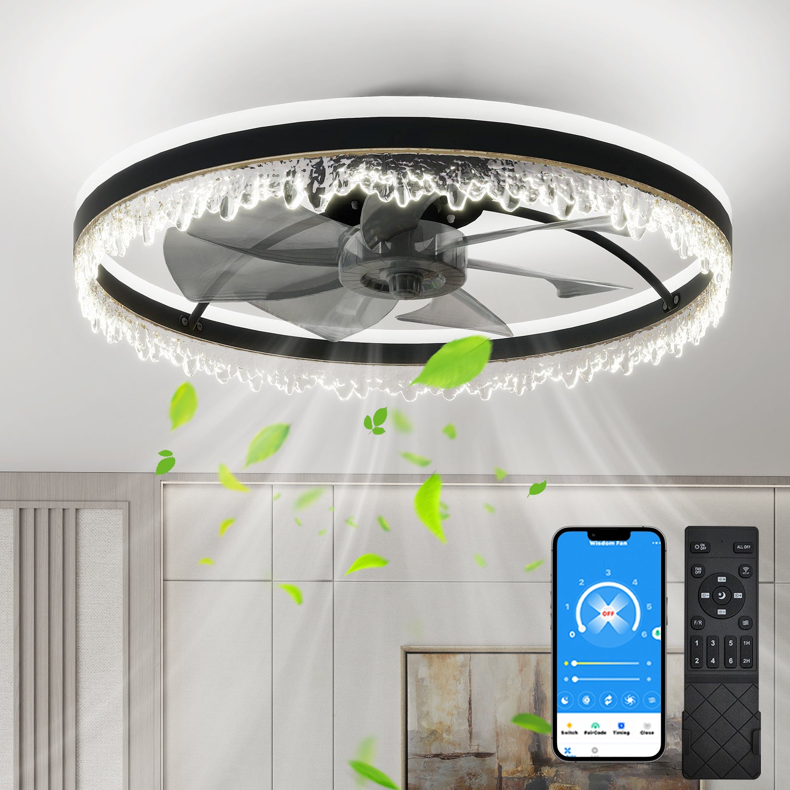 Modern LED Ceiling Fan with Light – 24'' Dimmable Ceiling Light with Invisible Blades and Crystal Design, Remote Control & Adjustable Color Temperature, Quiet Fan for Bedroom, Living Room
