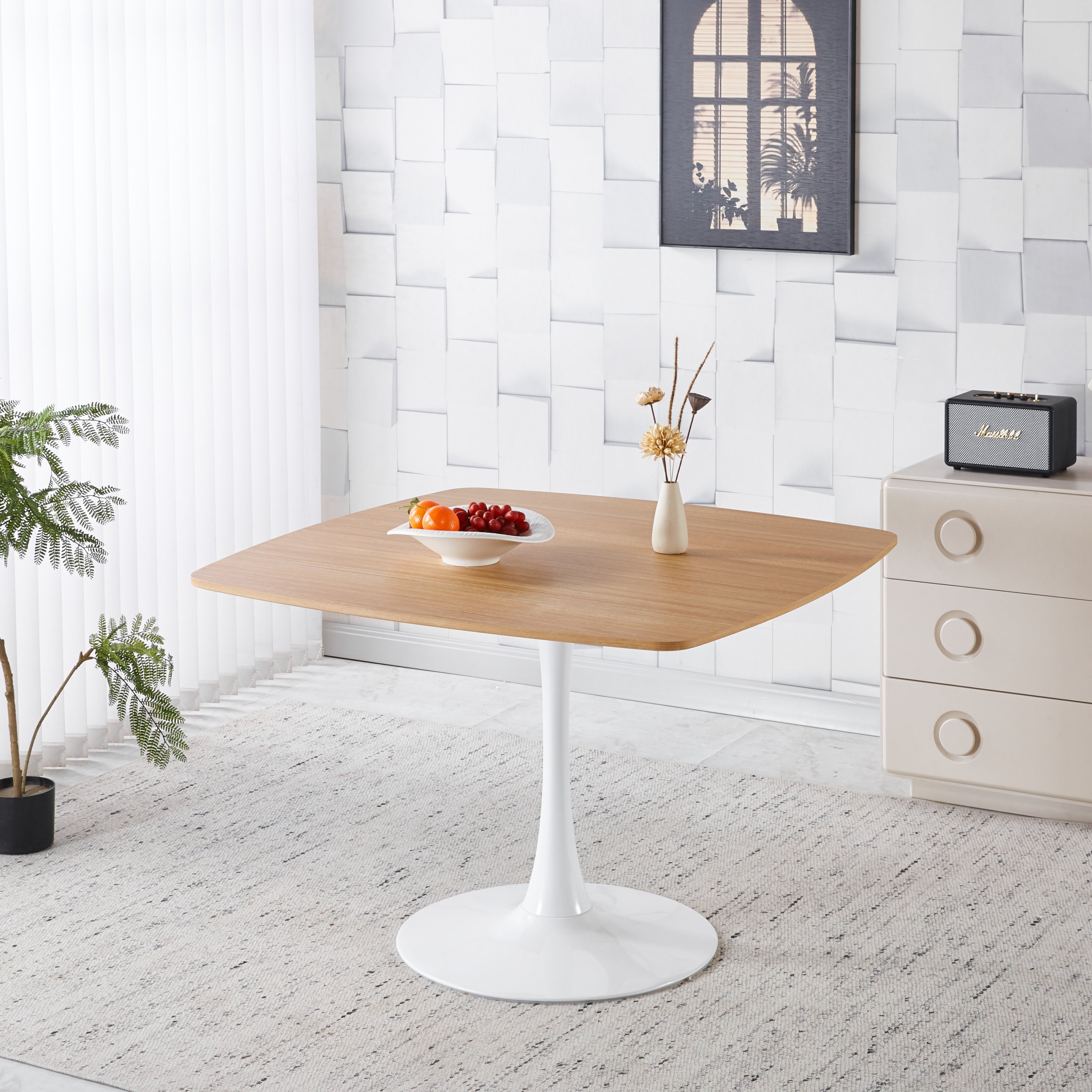 42 Inch Square Tulip Dining Table for 2-6 Person, Modern Mid-Century Kitchen Table with MDF Top & Oak Finish, Small Space Table for Apartment, Bistro, Cafe, Office and Living Room (White & Oak)