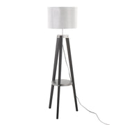 Compass Mid-Century Modern Floor Lamp with Shelf in Black Wood, Silver Metal and Grey Linen by LumiSource
