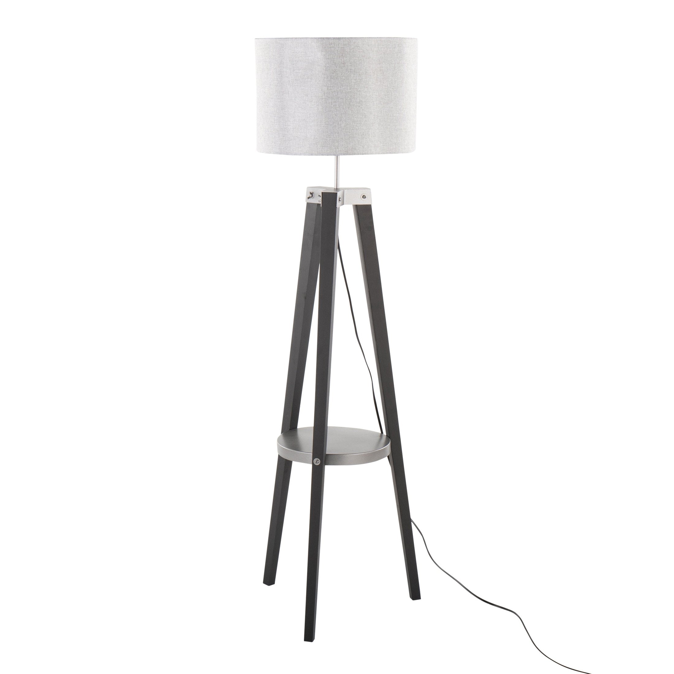 Compass Mid-Century Modern Floor Lamp with Shelf in Black Wood, Silver Metal and Grey Linen by LumiSource