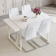 Table and chair set.55'x31.4' Cream-Style White MDF Dining Table Set with 4 White Chairs With Silver Metal Legs.MDF Tabletop and metal frame legs.Adding a warm and gentle atmosphere to your family.