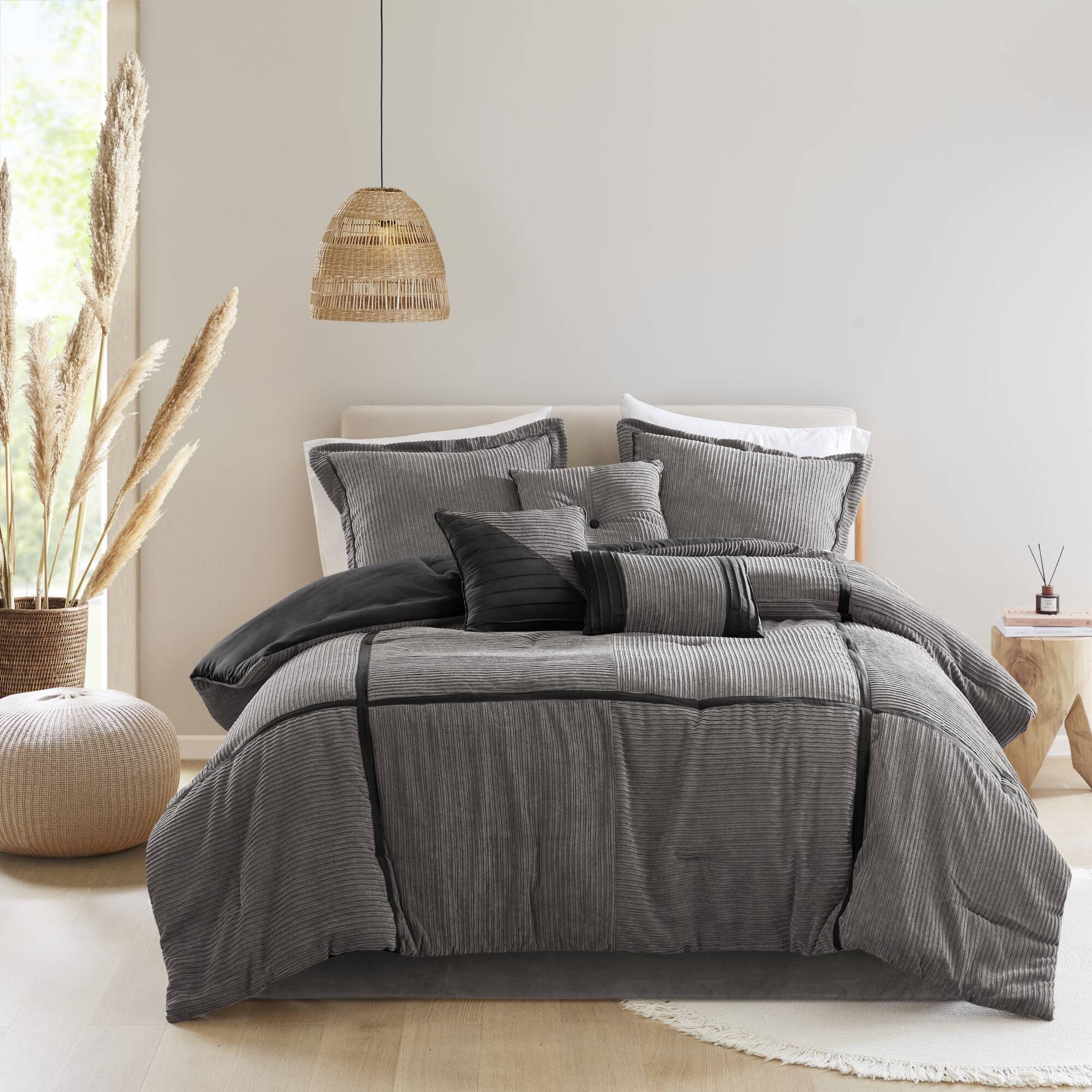 7 Piece Micro Corduroy Comforter Set Grey Cal King