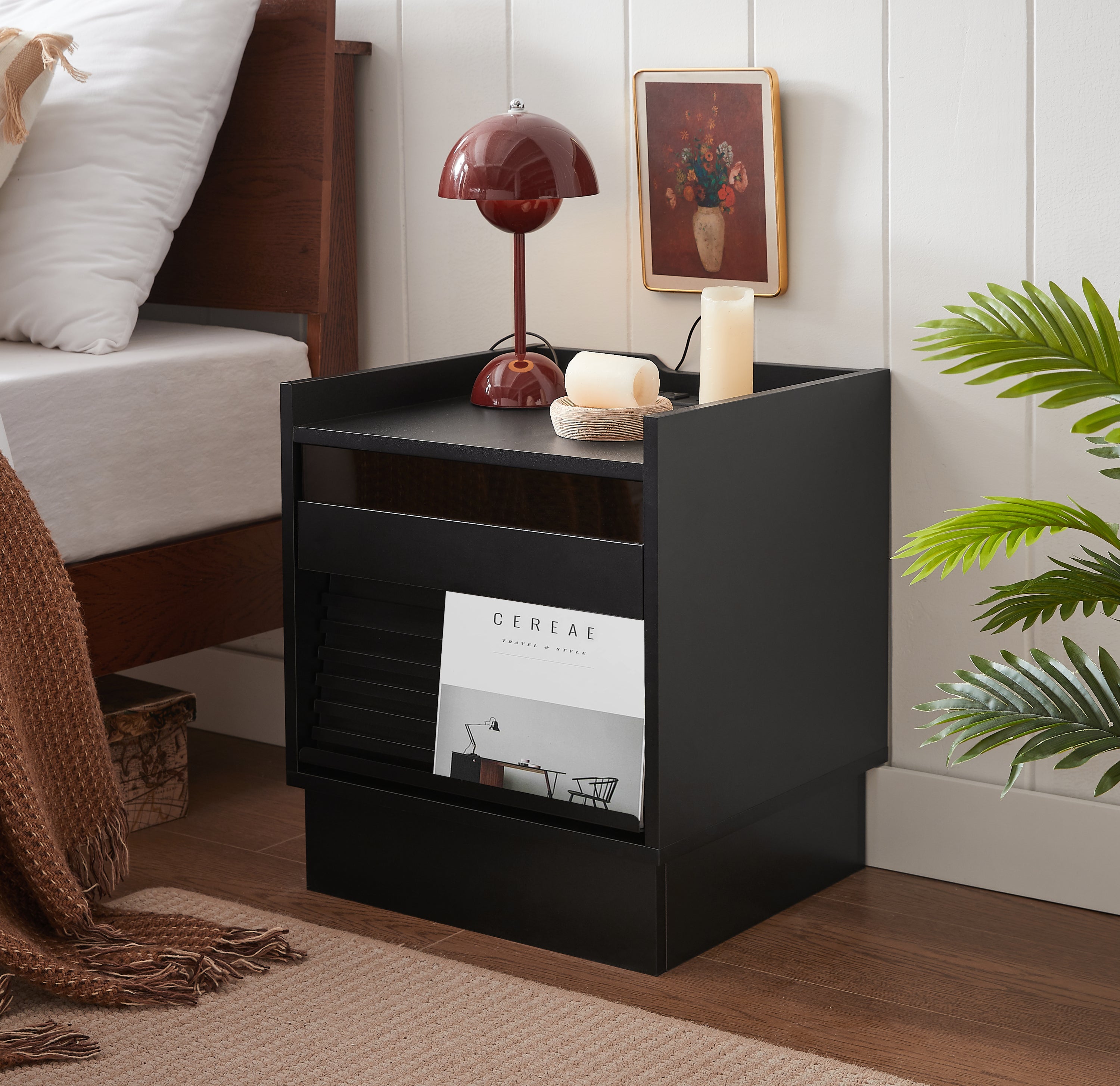 Mid Century Modern Nightstand with Charging Station and LED lights, Night Stand with 2 Drawers, Bedside Tables/End Table for Bedroom or Living Room, Black