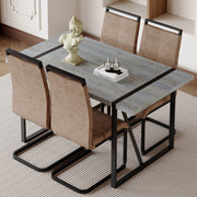 Table and chair set. Modern minimalist grey marble textured MDF dining table with metal frame.Paired with 4 brown technology fabric chairs with Featuring arched black legs.
