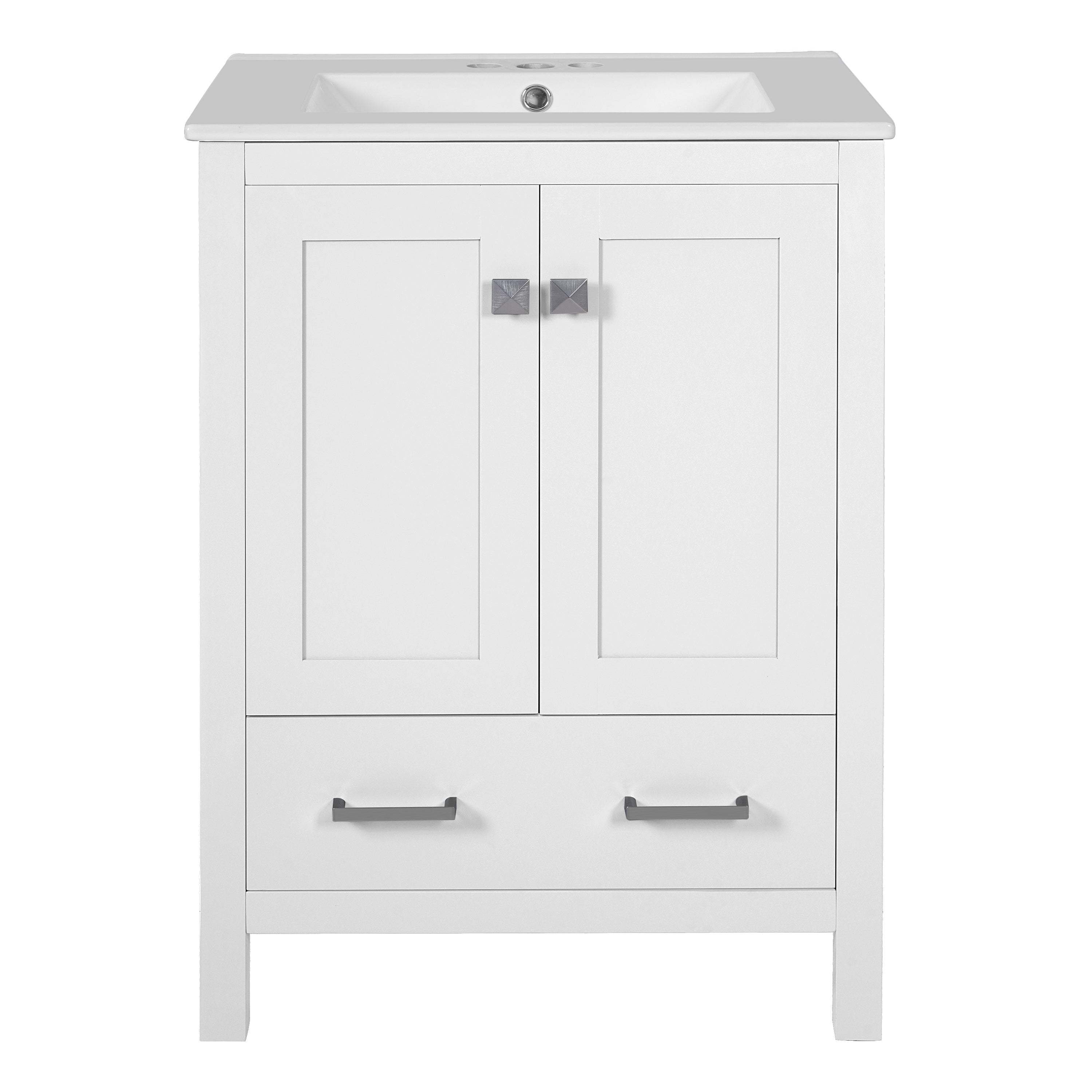 24-inch White Bathroom Vanity with Integrated Undermount Ceramic Sink, Soft-Close Doors, 2 Doors 1 Drawer Storage, Solid Wood Frame, MDF Panels, Painted Finish