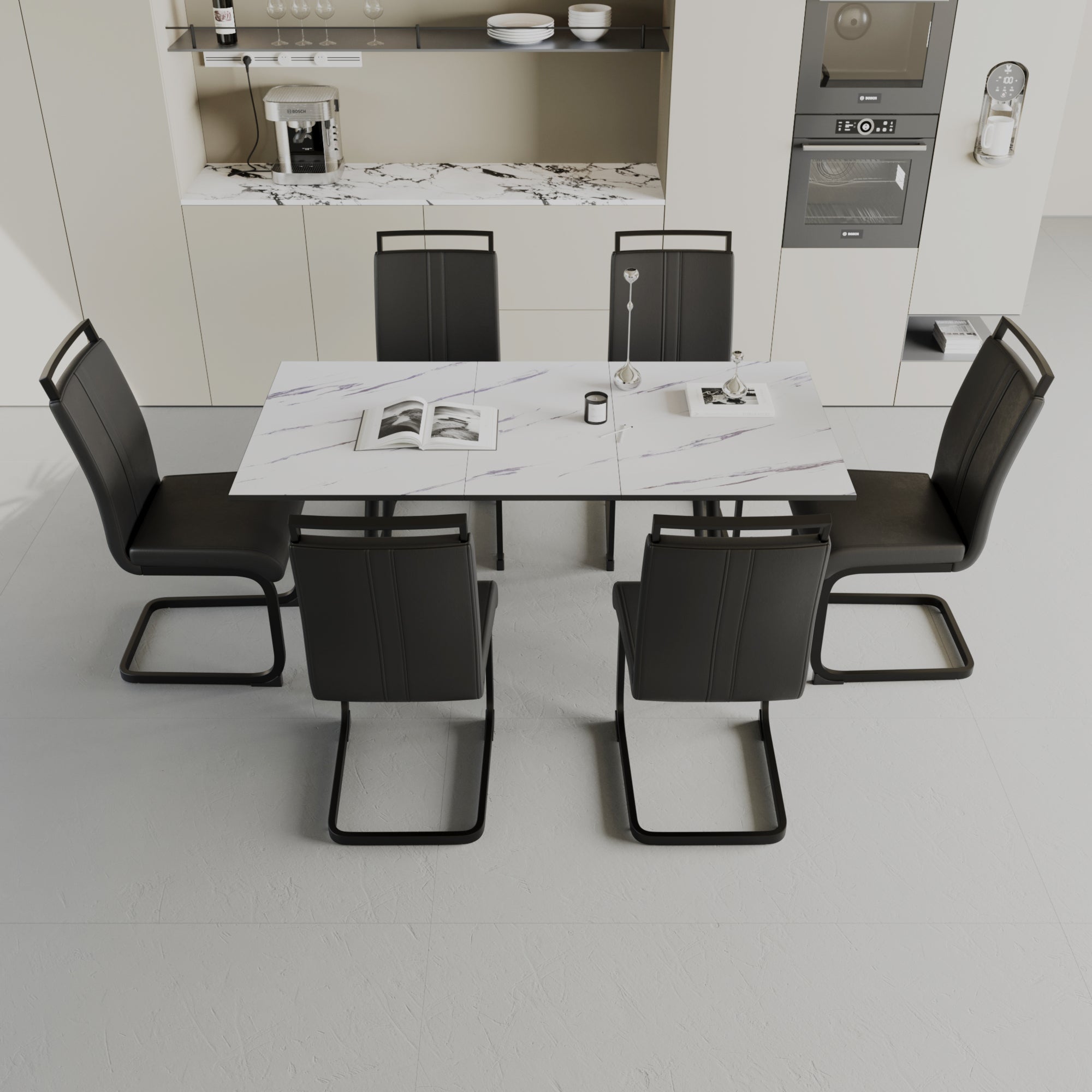 47'-63' expandable dining table set for 2-6 people, equipped with C-shaped tubular cushioned armless dining chair and an elegant and spacious dining table kitchen table and chair set, with metal legs