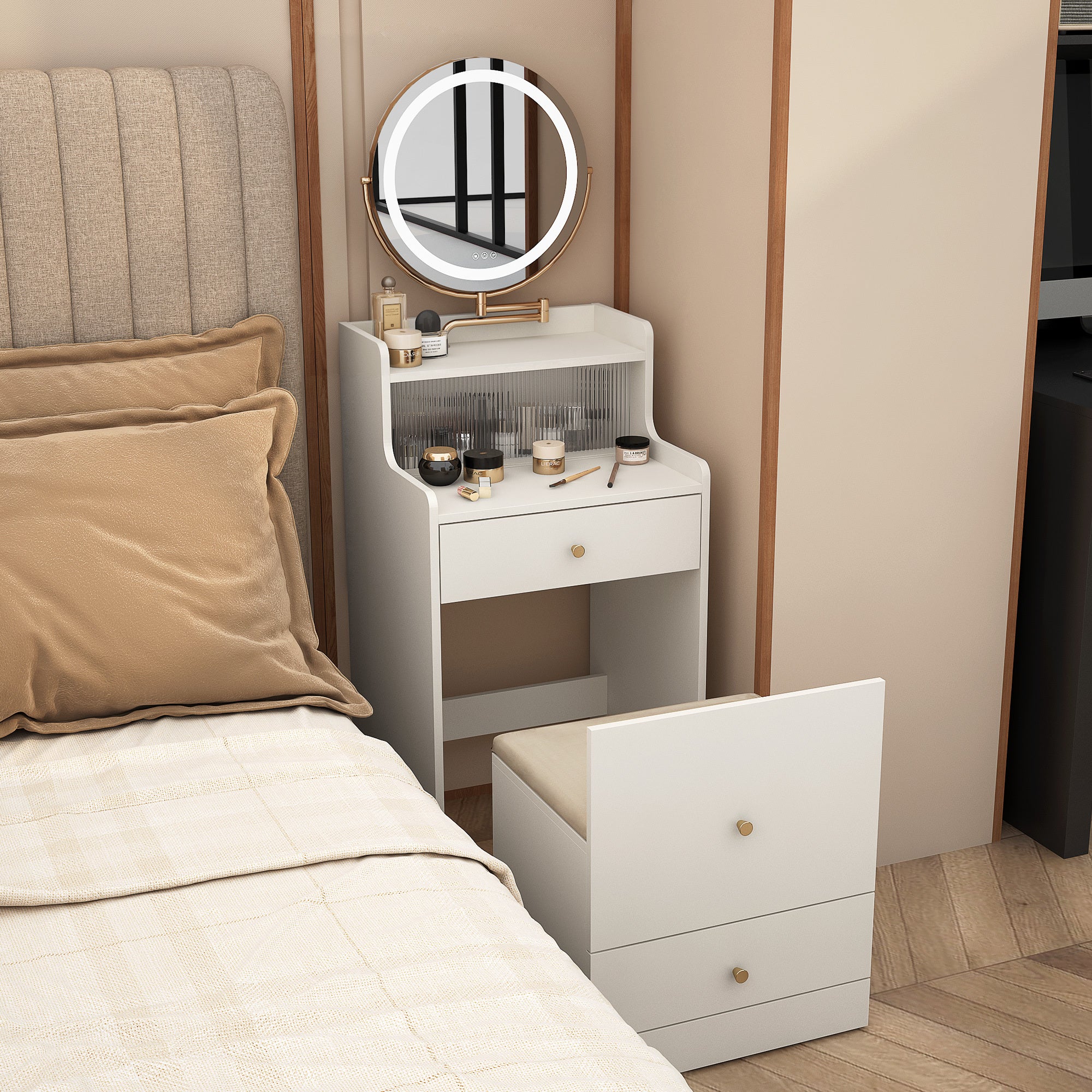 3 in 1 Vanity Desk With mirror and light ,Small makeup vanity set with charging station, With 2 drawers and open storage space, with upholstered stool, Compact Dressing Table Writing Desk for Small Sp