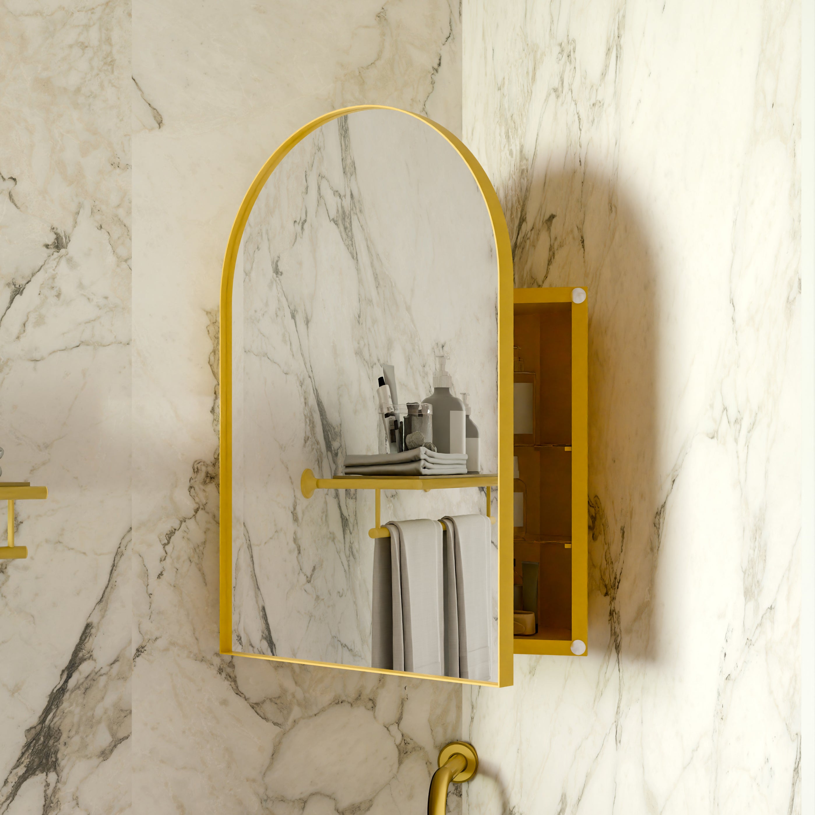 18x24 Inch Metal Corner Medicine Cabinet with Arched Mirror, Adjustable Glass Shelves, Space-Saving Bathroom Storage Organizer for Small Spaces, Matte Gold