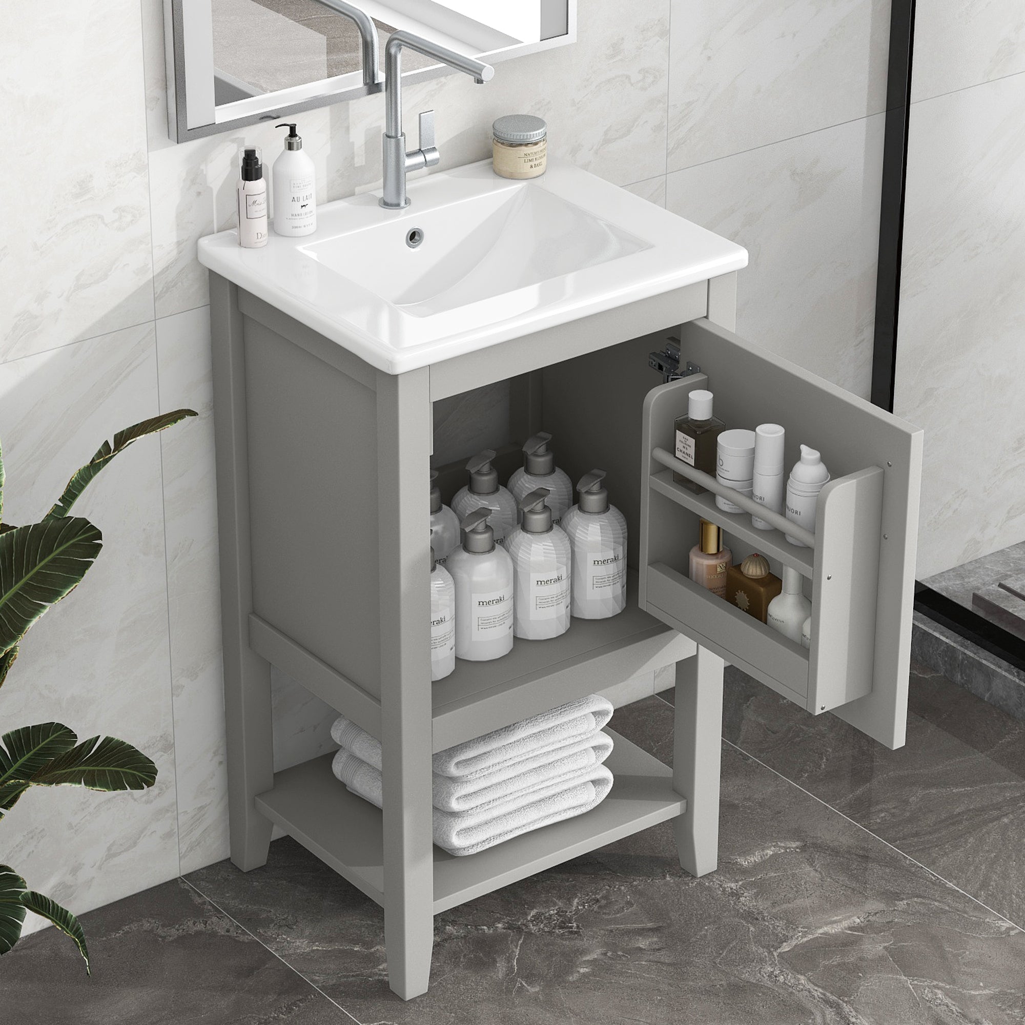 20' Bathroom Vanity with Sink, Bathroom Cabinet with Soft Closing Door, Storage Rack and Open Shelf, Grey(Old SKU:WF308492AAE)