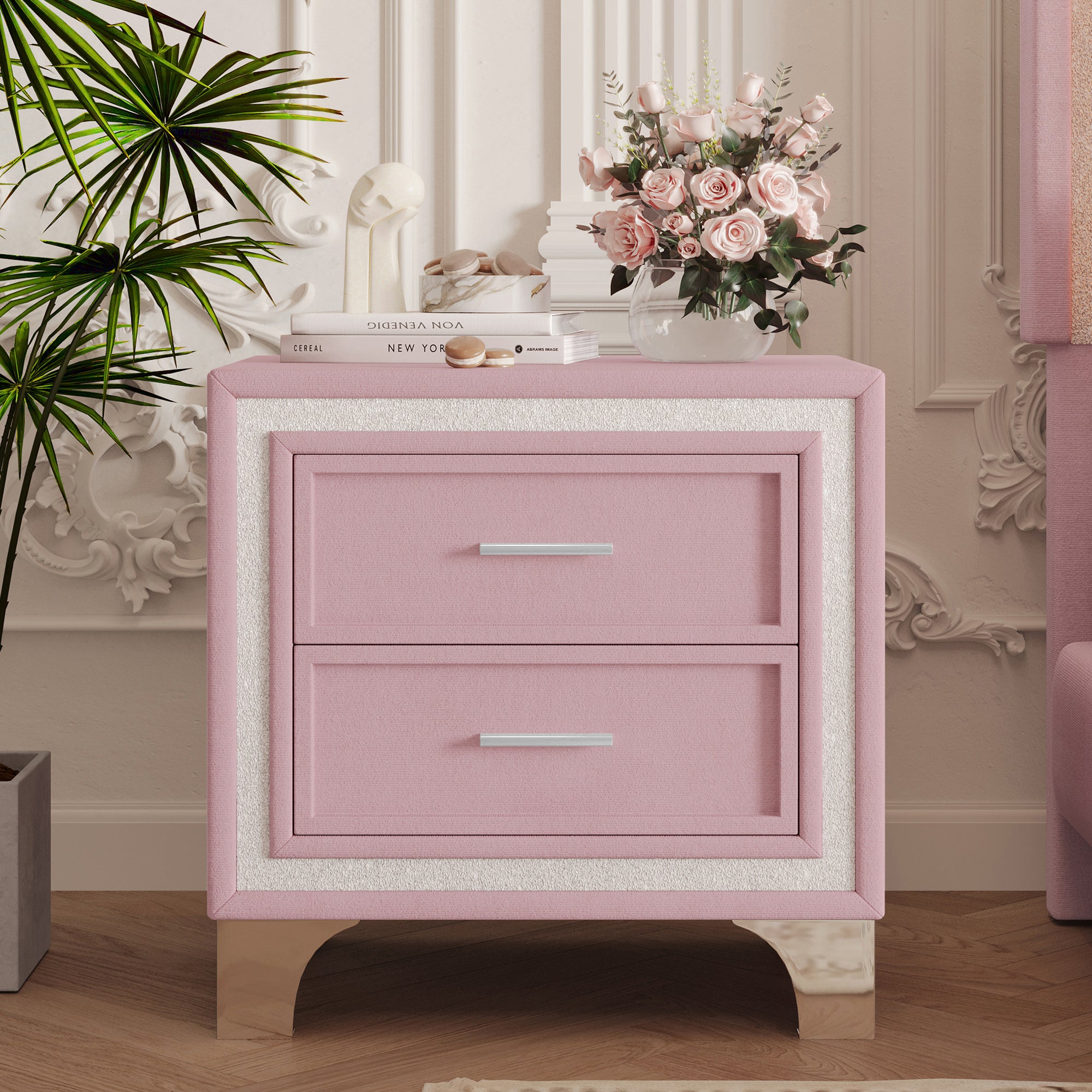 Mid Century Vintage Nightstand with Silver Glitter Strip Decor and Metal Legs, Velvet Bedside Table with 2 Drawers, Fully Assembled Except Legs and Handles, Pink