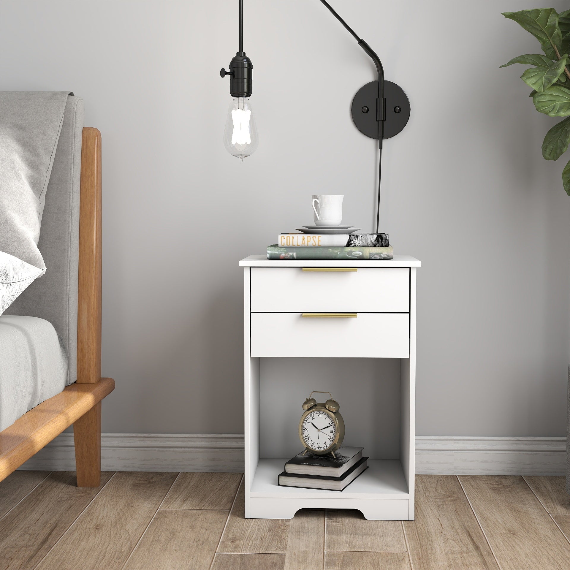 Nighstand With 2 Drawers,End Table,Nightstand with Open Space,Golden Handle,Morden Design,For Living Room,Bedroom,Easy Assemble,White
