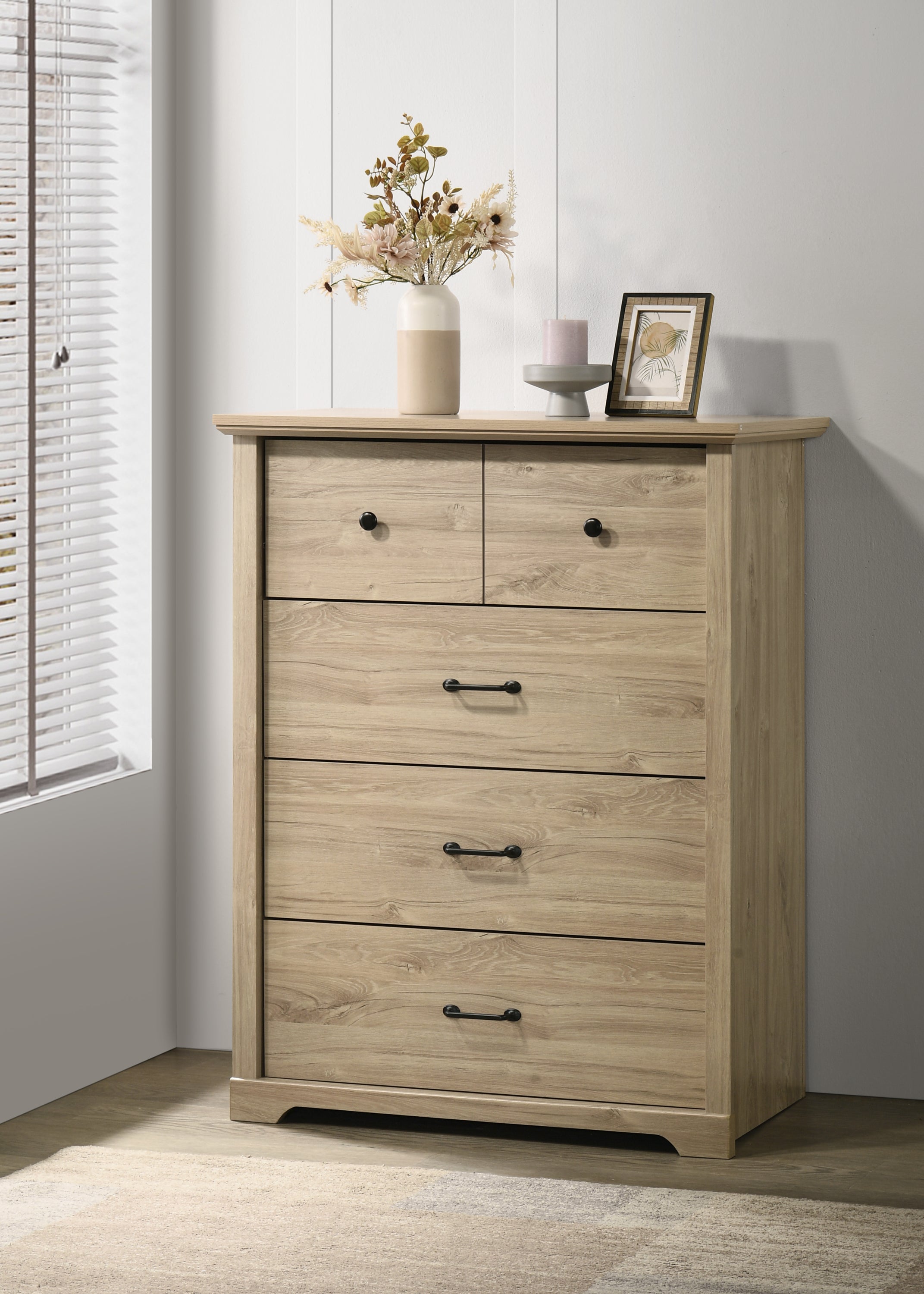 Elara 32'W Light Oak Finish 4-Drawer Chest with Black Handles