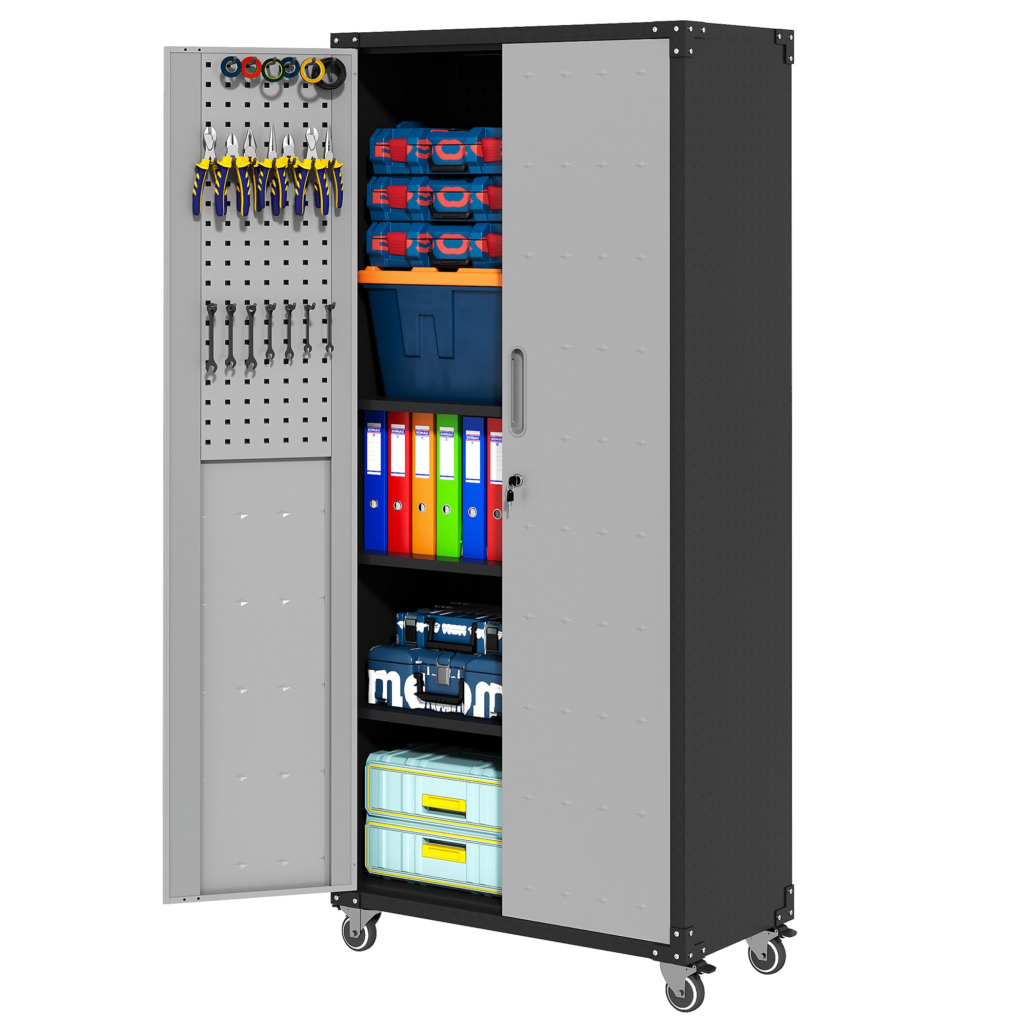 71' Metal Garage Storage Cabinet with Wheels - Heavy-Duty Tool Storage Cabinet Black/Gray