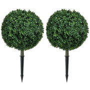HOMCOM 1.3' (15.7') Artificial Boxwood Topiary Trees with Ground Stake, UV Resistant Set of 2 Ball Shaped Trees, Indoor Outdoor Fake Plants for Home Office & Living Room Décor