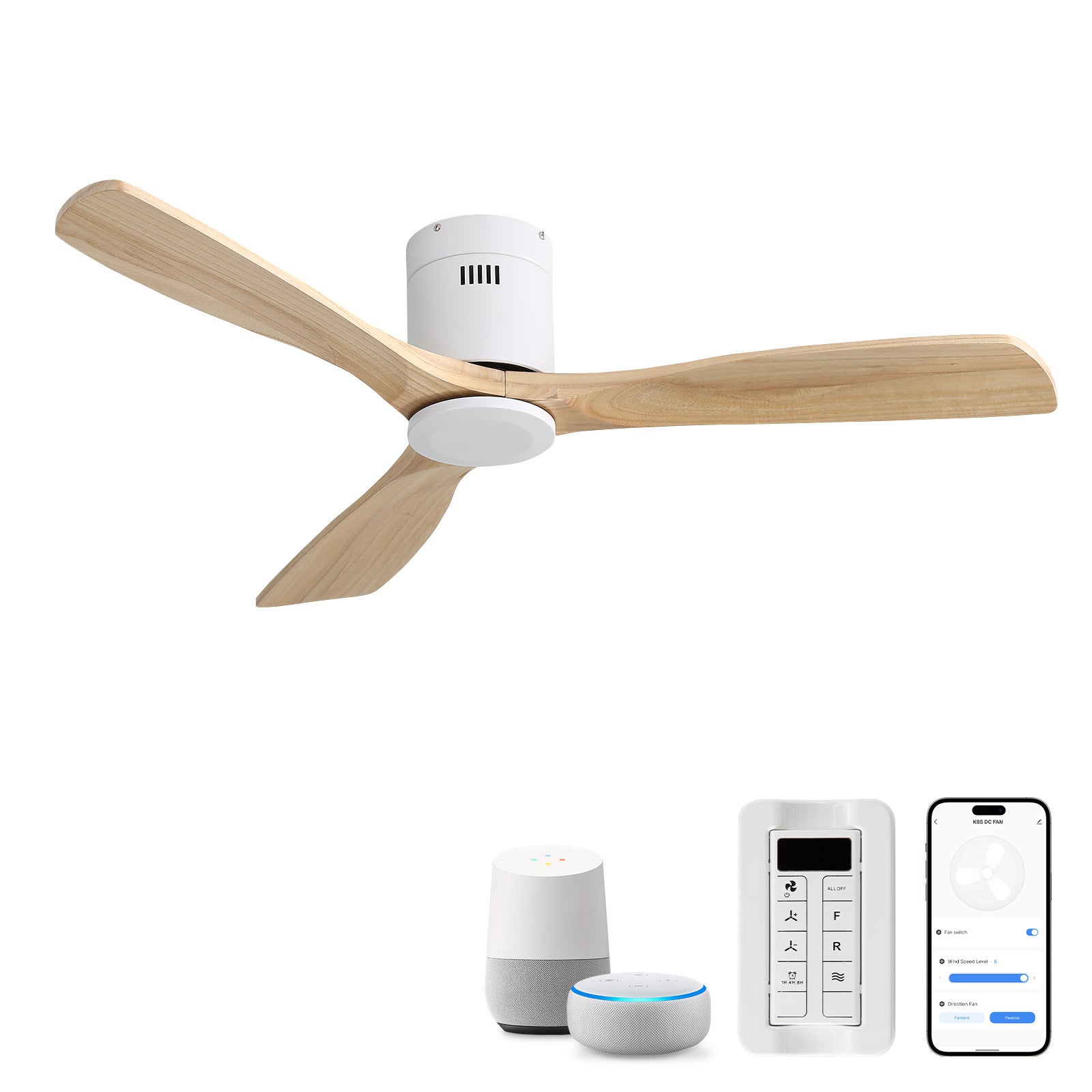 52 Inch Flush Mount Ceiling Fan 3 Solid Wood Fan Blade Noiseless Reversible DC Motor Smart Remote Control For Living Room