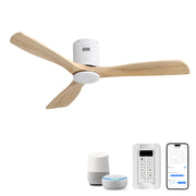 52 Inch Flush Mount Ceiling Fan 3 Solid Wood Fan Blade Noiseless Reversible DC Motor Smart Remote Control For Living Room