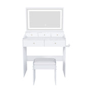 Modern White Vanity Desk with Large Mirror, Power Outlet & Hair Dryer Holder, Adjustable Lighting, 5 Drawers
