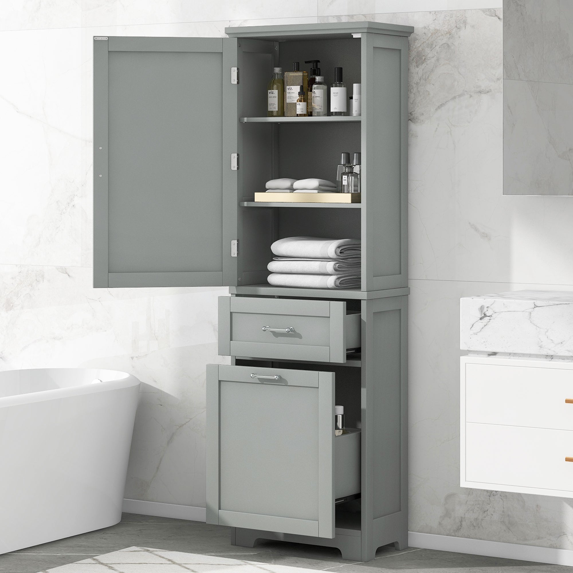Tall Bathroom Storage Cabinet, Freestanding Storage Cabinet with Two Different Size Drawers and Adjustable Shelf, MDF Board with Painted Finish, Grey (Old Sku:WF312730AAE)