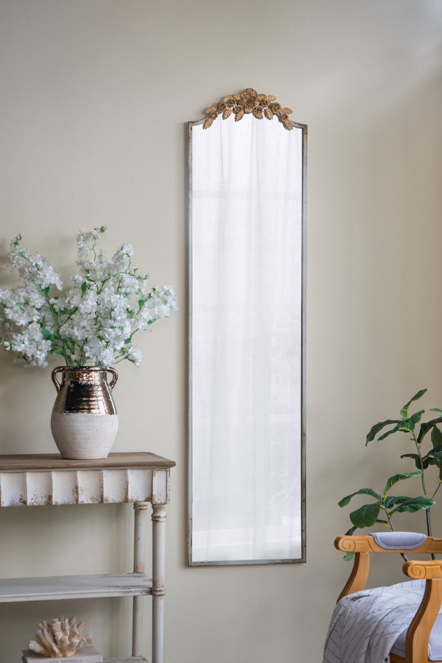 18.1x1.6x70.9' Large Rectangular Full-Length Mirror with Distressed Ivory Frame and Gold Floral Crown