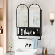 23.62' Modern Double-Arched Mirror Cabinet,2 Doors Medicine Cabinet, Metal Wall Cabinet with Open Shelf and Towel Rack, Mirror Cabinet with Storage for Bathroom, Living Room and Bedroom, Black