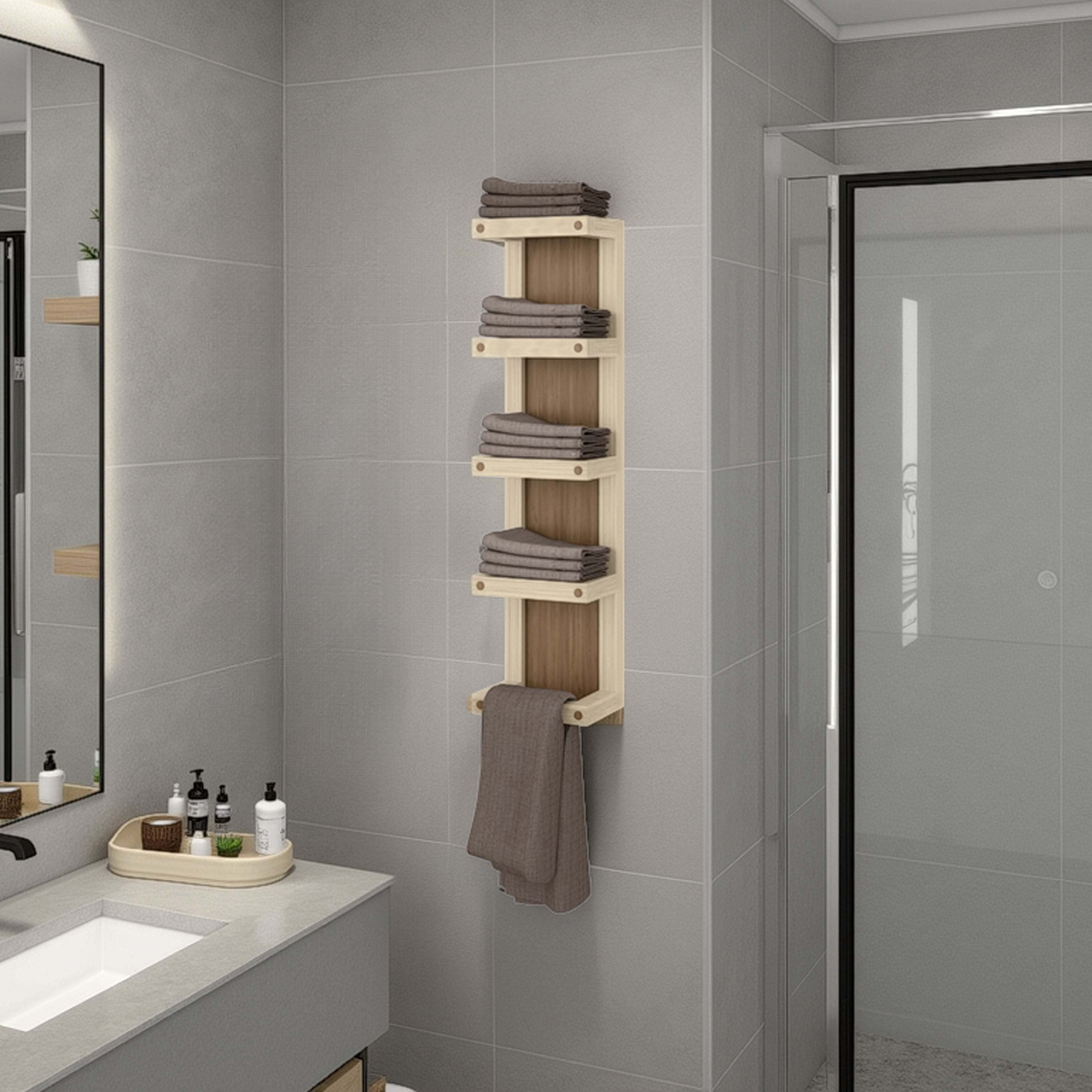 Natural Oak 5-Tier Wall Towel Rack with Shelf