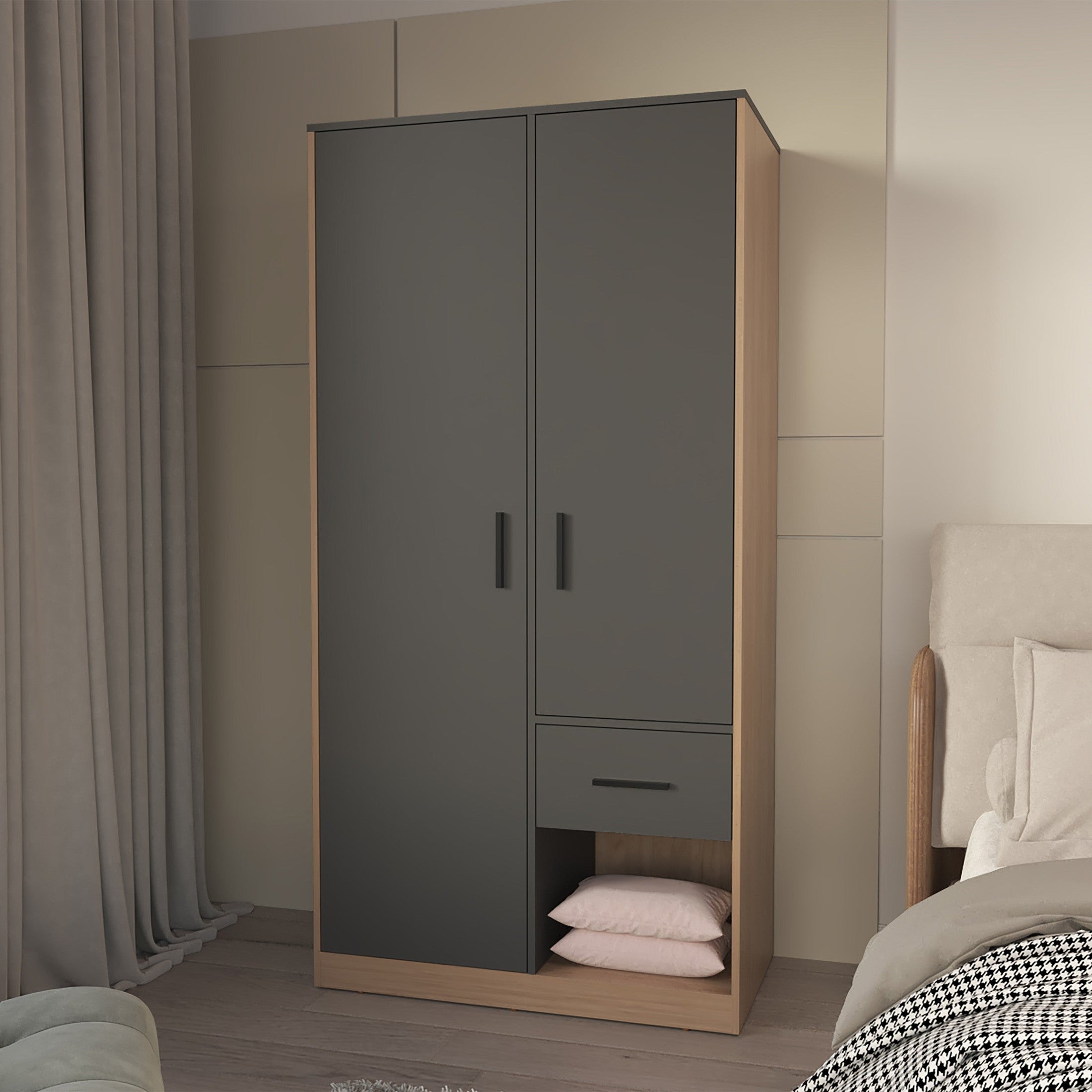 Lugoff Wardrobe with Two Doors and One Drawer, Matt Grey and Natural Oak