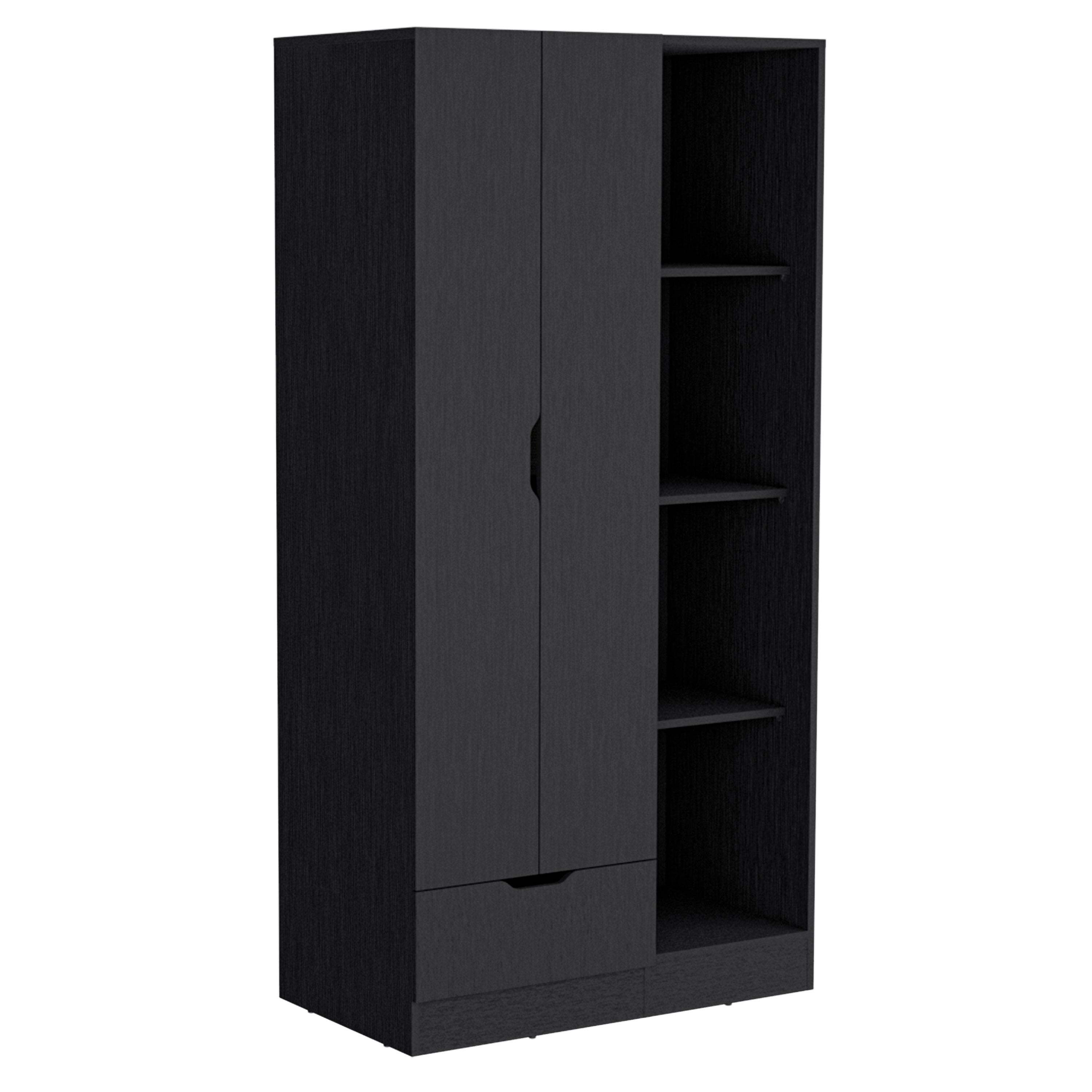 Armoire 71H' with 1-Drawer and 4-Tier Open Shelves, 2 Doors, Black