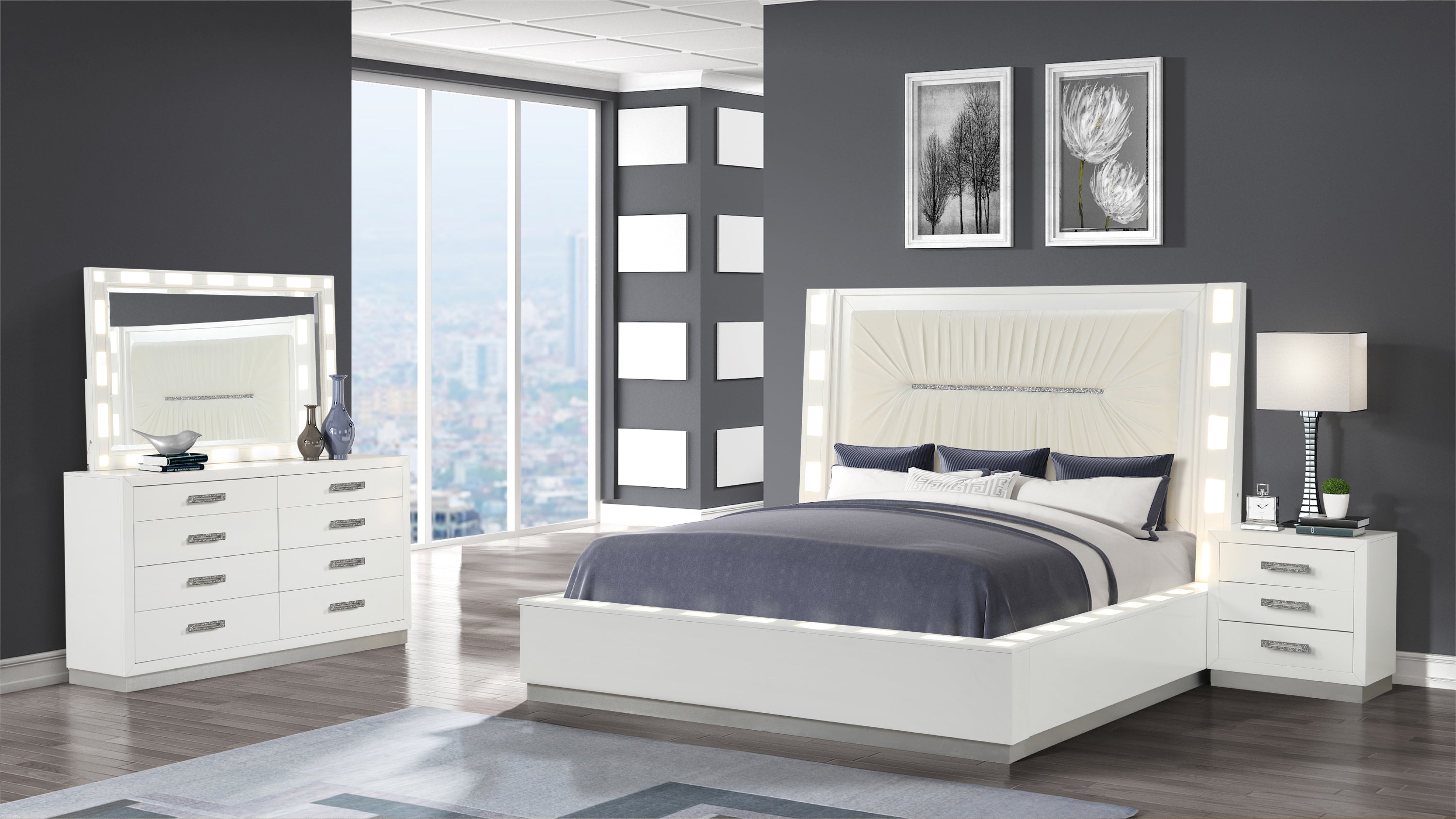 Queen 4 Pc LED Bedroom Set Made with Wood in Milky White