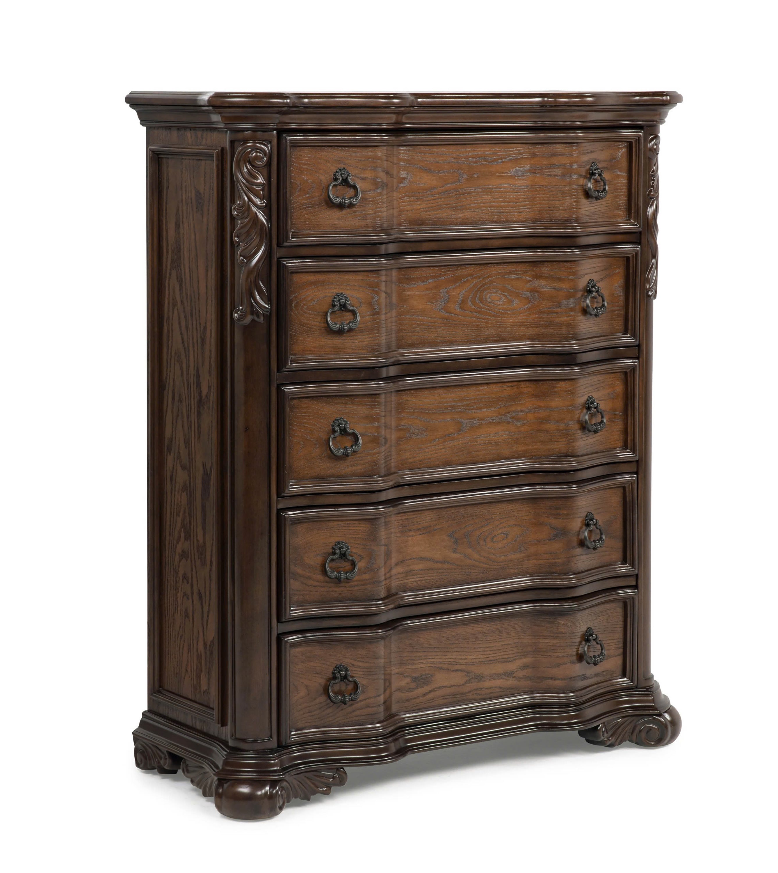 1pc Genuine Marble Top Five Drawers Chest Intricate Moldings Beautifully Curved Silhouette Rich Coffee Wood Finish Bedroom Solid Wood Furniture