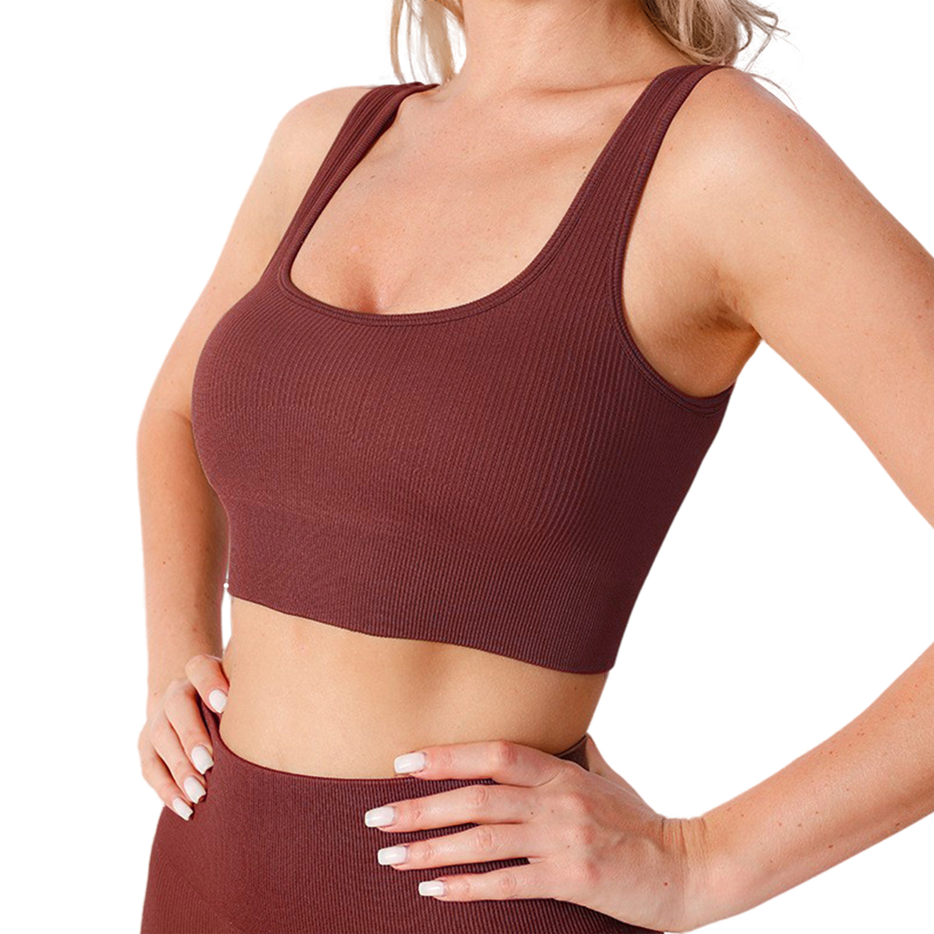 XL Size Coffee Yoga Basic Ribbed Knit Crisscross Back Crop Sports Tank Top, Breathable, Removable Cups, Cute Gym Wear  Seamless Sports Bra Exercise Athletic Activewear Workout