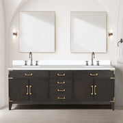 Brown Oak Double Bath Vanity 84 in. W x 22 in. D, White Quartz Top, and Faucet Set