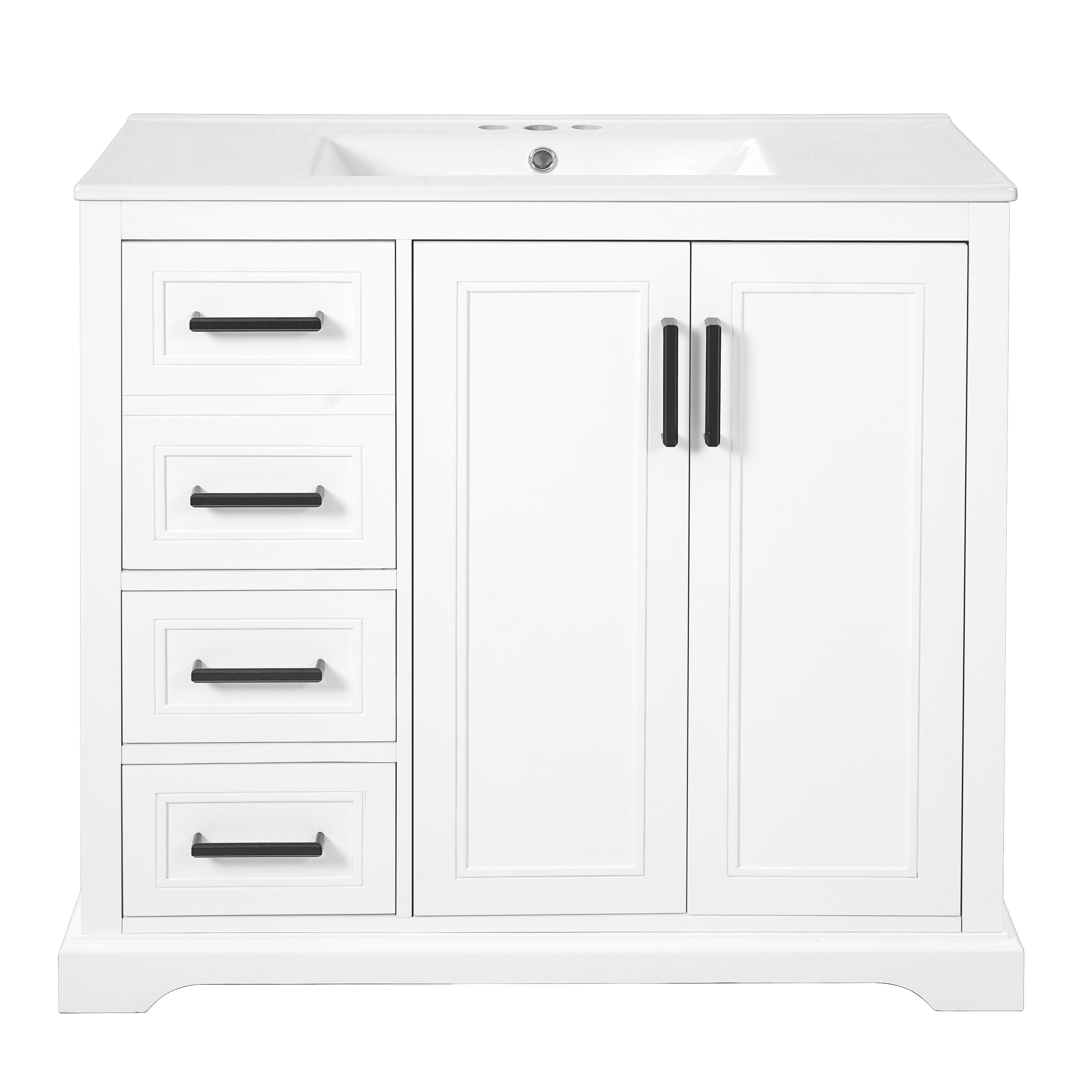 36' Modern Bathroom Vanity with Ceramic Sink, Soft-Close Doors, Adjustable Shelf & 3 Drawers, White Finish, Solid Wood+MDF, Medium to Small Bathrooms
