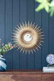 28.3' in Retro Design Gold Sunburst Metal Wall Mirror Decorative Mirror for a Bedroom, Dressing Room, Hallway or Living Space.