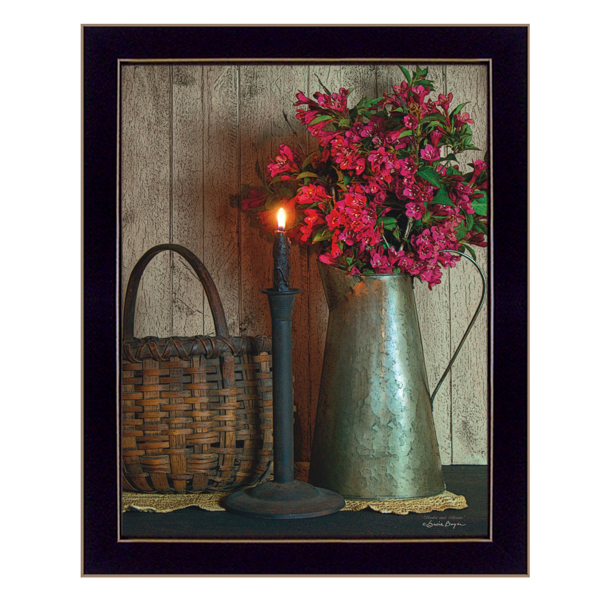 'Basket and Blossoms' By Susan Boyer, Printed Wall Art, Ready To Hang Framed Poster, Black Frame