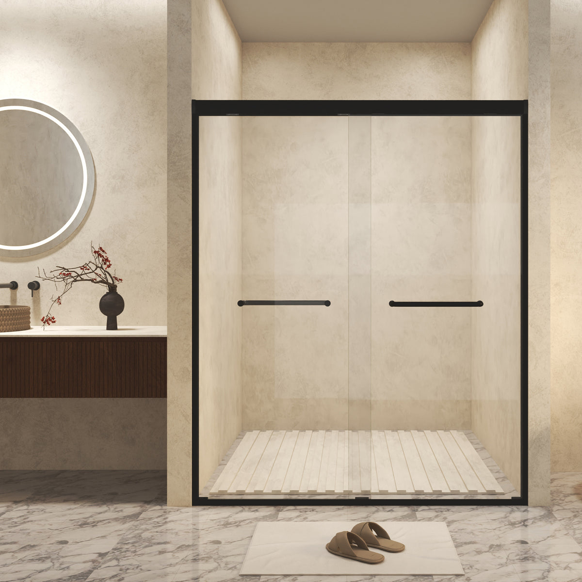 50-54' W × 72' H  Tempered Glass with Explosion Proof Film, Aluminum Frame Double Sliding Shower Door, '1/4 (6 mm), Stainless Steel handle, Matte Black