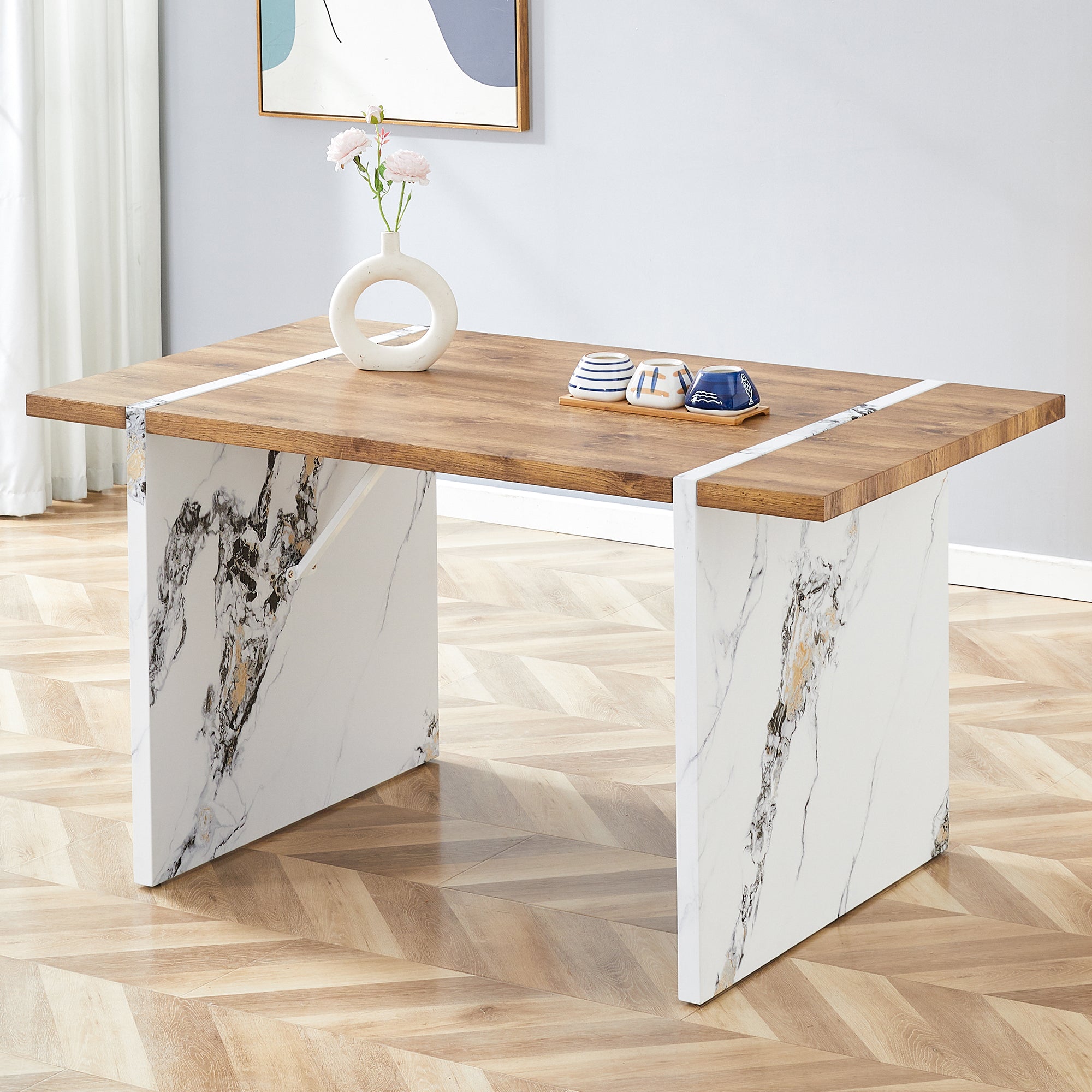 Modern style square dining table, medium-density fiberboard dining table, 55x31.5 inches, can be used with 4 or 6 chairs.