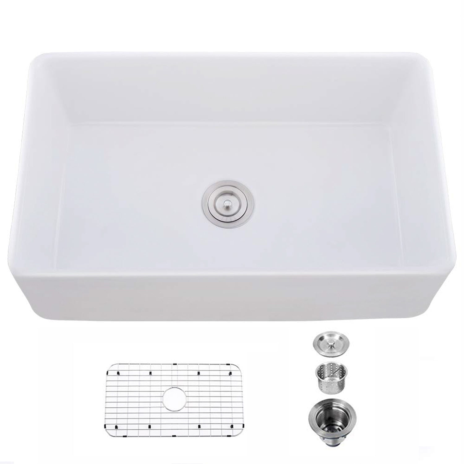 33' L X 20' W Single Basin Ceramic Farmhouse Kitchen Sink with Basket Strainer