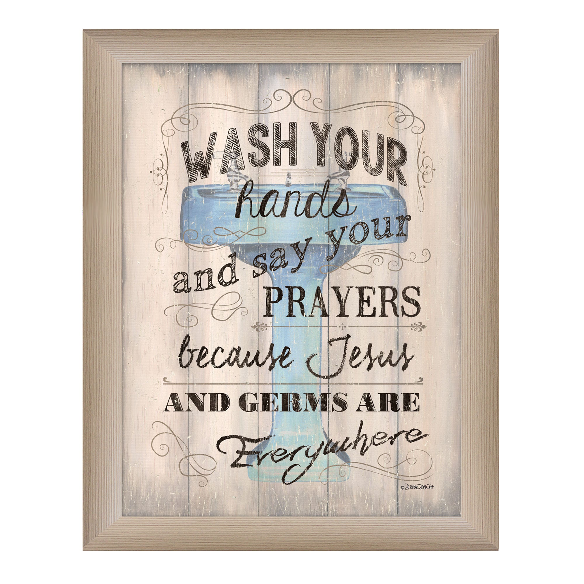 'Wash your Hands' By Debbie DeWitt, Printed Wall Art, Ready To Hang Framed Poster, Beige Frame