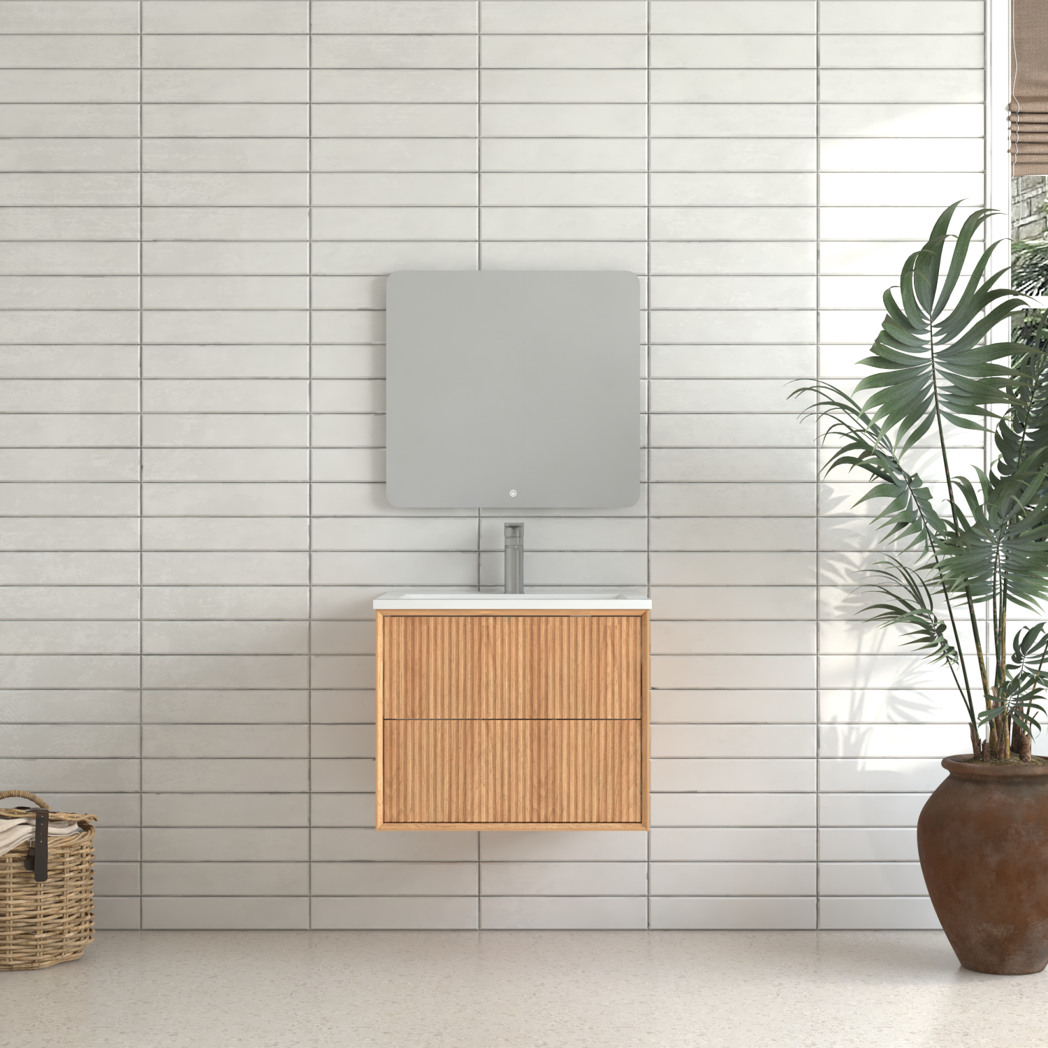 24'' Floating Bathroom Vanity Set, Wall Mounted Solid Wood Bathroom Cabinet with 2 Storage Drawers,White Resin Integrated Basin