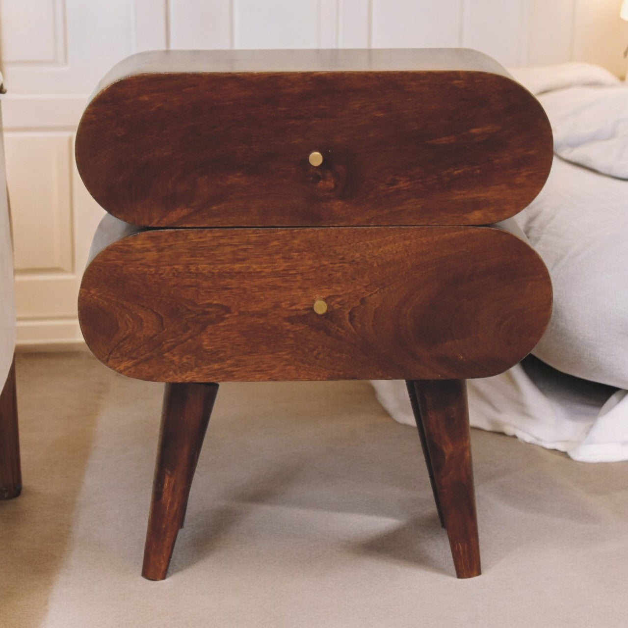 Solid Wood Bubble Chestnut Nightstand, 2-Drawer, Nordic Legs, Brown