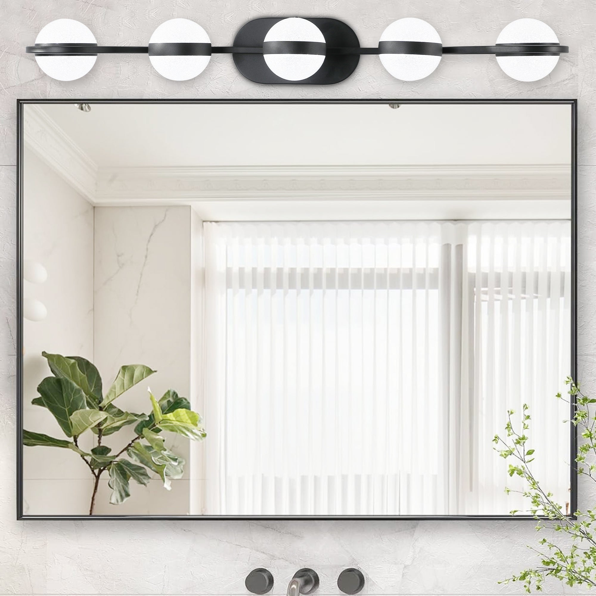 Modern Minimalist Bathroom Vanity Light, LED 5 Bulb Frosted Glass Shades, Wall Mounted Decorative Lighting Fixture, Suitable for Bathroom Vanity Mirror (Black)