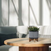 CERAMIC 8' AZTEC PLANTER ON WOODEN STAND, GRAY