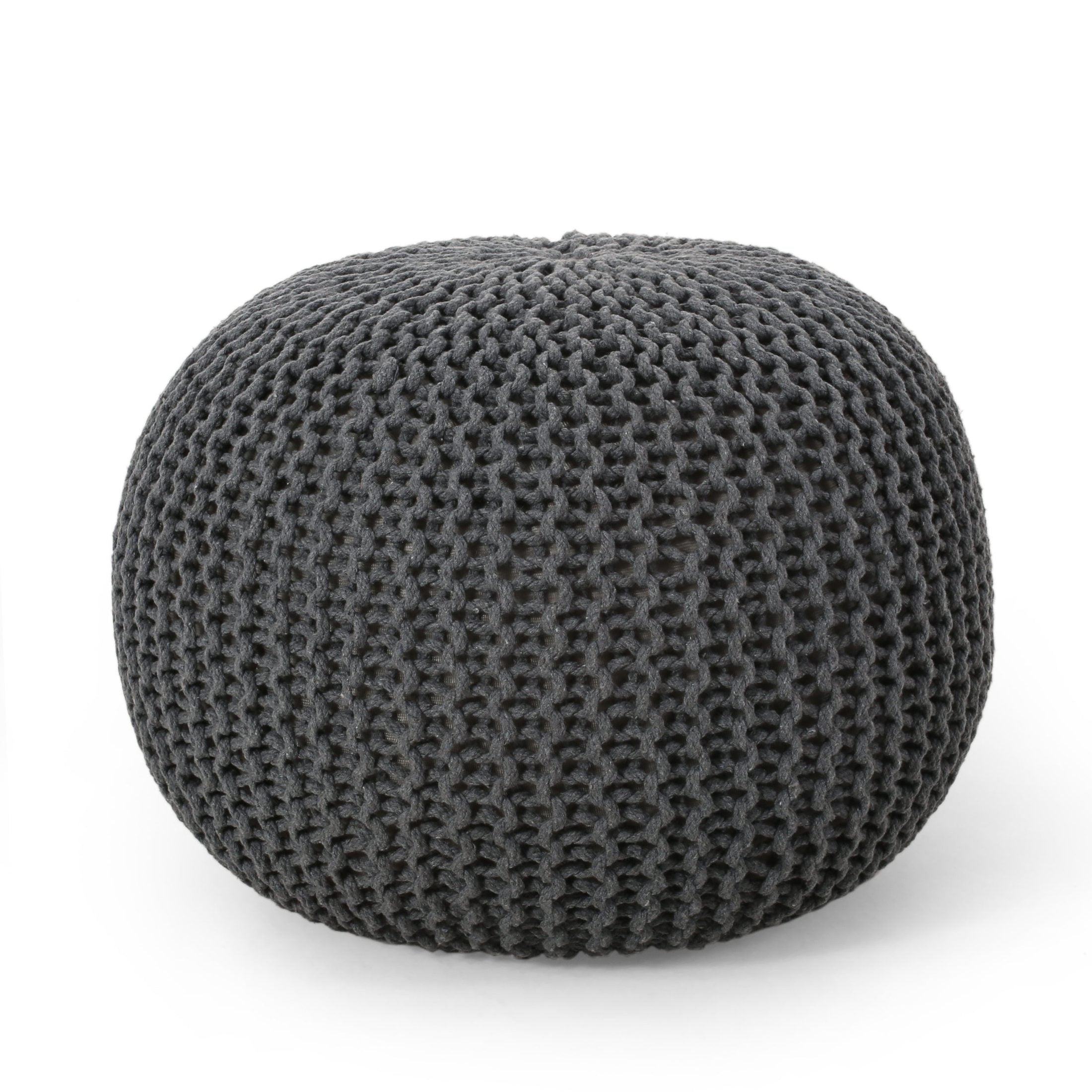 Bordeaux Knitted Cotton Round Pouf Ottoman, Gray, 20x20x13 inches