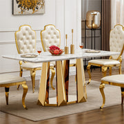 Marble Dining Table for 6 People, 70'' Rectangle Faux Marble Dining Table with Mirrored Finish Stainless Steel Base, Modern Large Size Marble Kitchen Table (Gold,White)(only table)