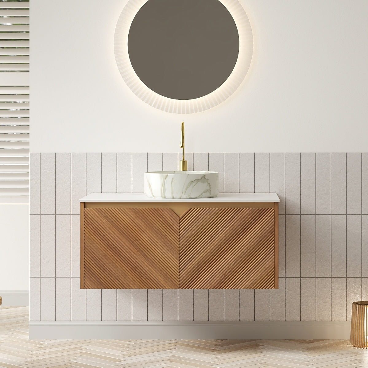RUBEN 36' Bathroom Vanity&Sink, Floating Plywood Storage Cabinet, Twill Double Doors with Metal Trim, Stone Pattern White Round Ceramic Vessel Basin&Sintered Stone Top, Brown Oak Woodgrain Color