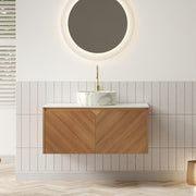 RUBEN 36' Bathroom Vanity&Sink, Floating Plywood Storage Cabinet, Twill Double Doors with Metal Trim, Stone Pattern White Round Ceramic Vessel Basin&Sintered Stone Top, Brown Oak Woodgrain Color