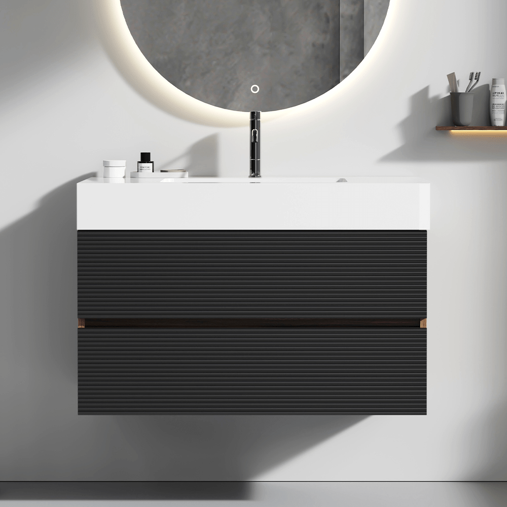 Grace 36' Walnut Bathroom Vanity with Glossy White Solid Surface Sink and Soft Black Drawers, Wall Mounted Floating Bathroom Vanity for Modern Bathroom, One-Piece Glossy White Basin, KD